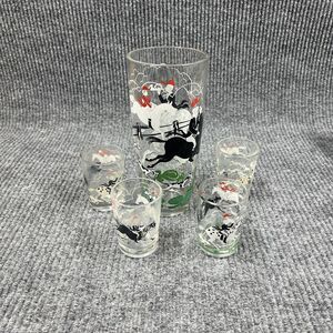 VTG HAZEL ATLAS Glass Fox Hunt Tally‎ Ho Cocktail Martini Shaker & Shot Glasses